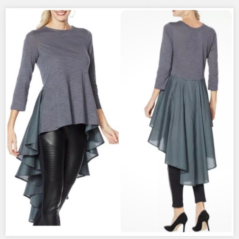 DIANE GILMAN VINTAGE GRAY  PEPLUM HIGH LOW TOP